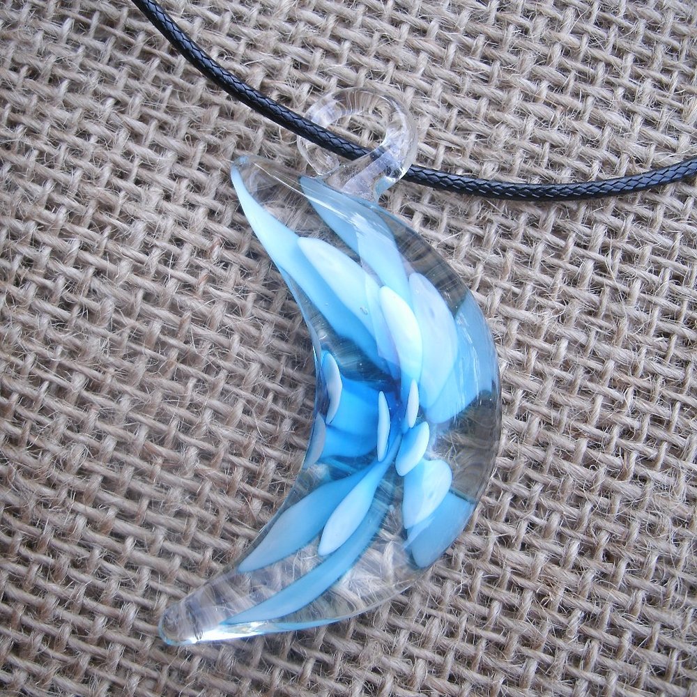 Murano Glass Blue Flower Crescent Moon Pendant Necklace